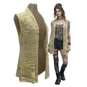 Vtg 90s Rainbow Crochet Cardigan Sleeveless S/M Long Sweater Knit Hippie Grunge